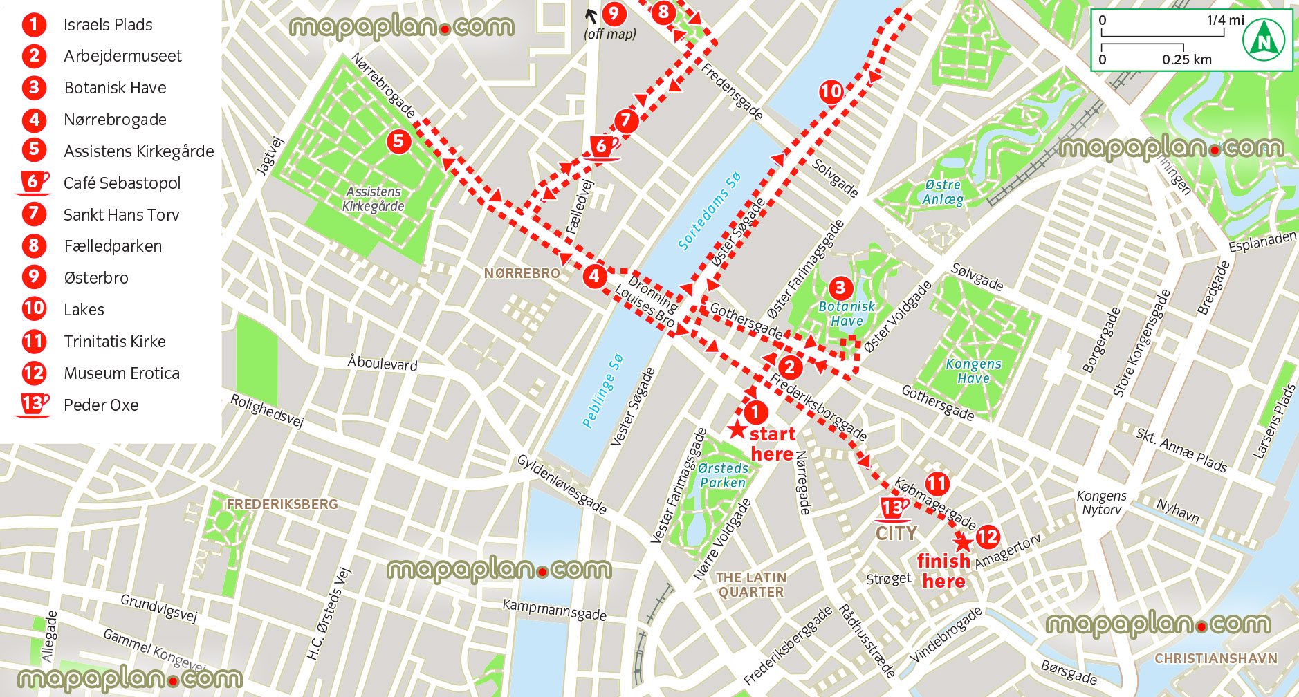 norrebro lakes walking tour guide itinerary planner layout best things do city break historical places visit visitors detailed virtual printable guide download favourite attractions points interest visit touristss Copenhagen Top tourist attractions map