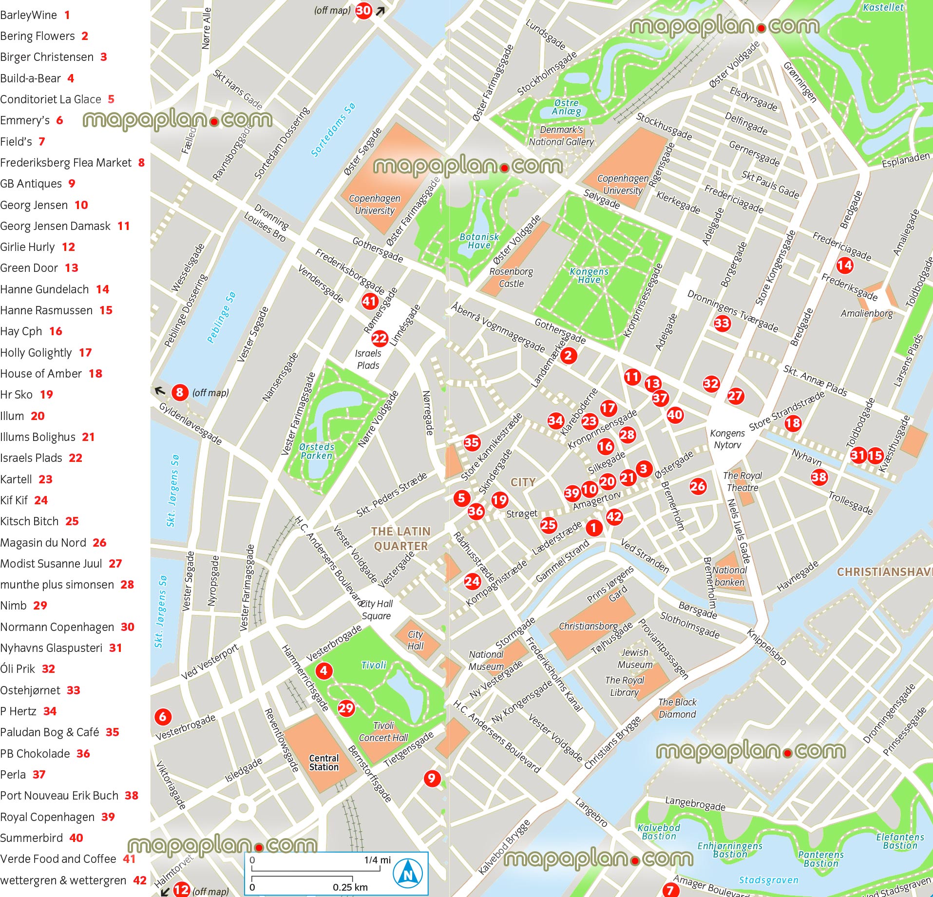 Copenhagen downtown shopping destinations list most popular shops markets famous department storess Copenhagen Top tourist attractions map