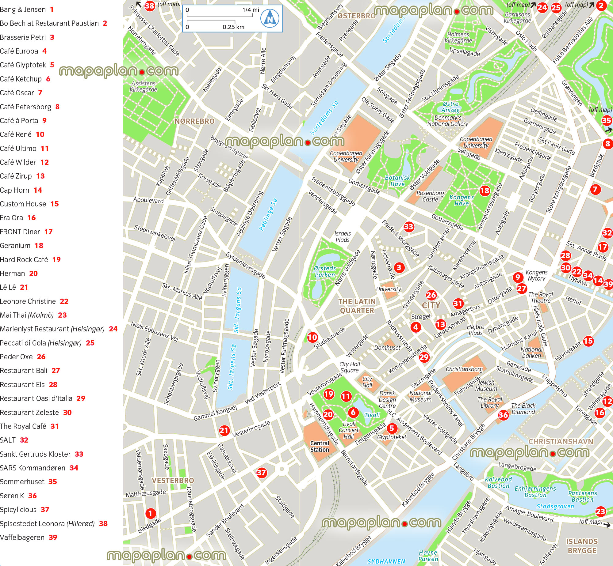 copenhagen best restaurants dining central district area outline layout best locations visits Copenhagen Top tourist attractions map