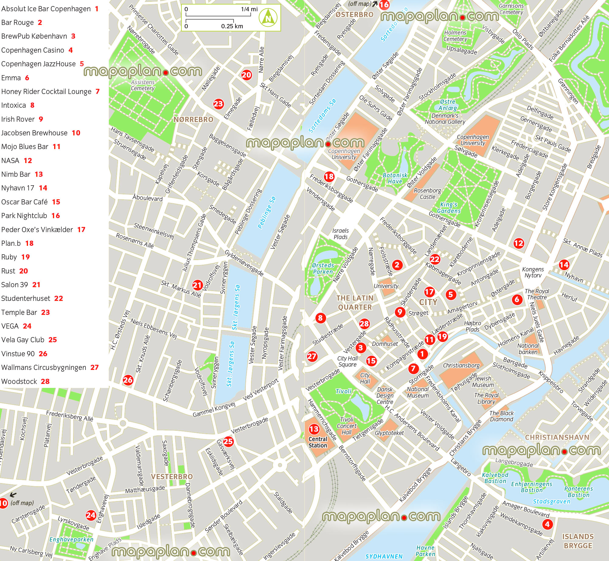 Copenhagen nightlife best night clubs bars pubs entertainment fun easy access places within walking distances Copenhagen Top tourist attractions map