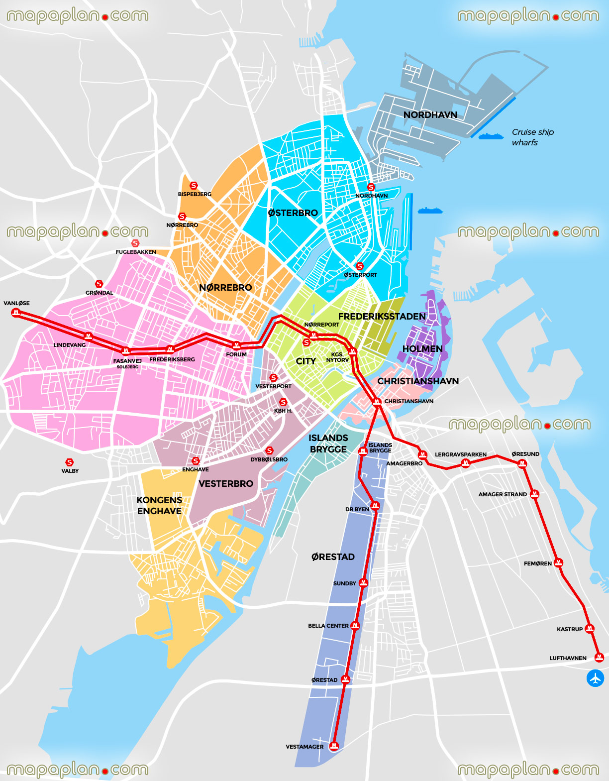 Copenhagen main districts neighbourhoodss Copenhagen Top tourist attractions map