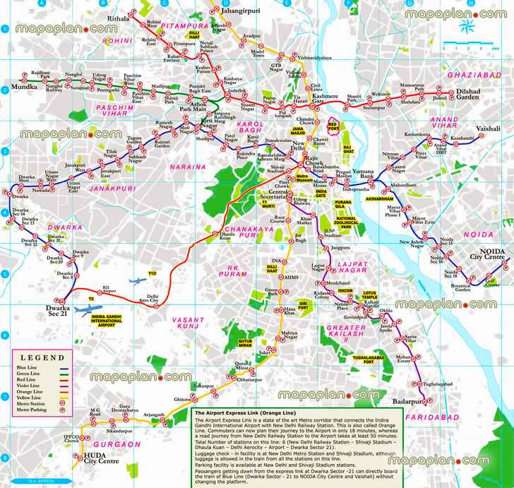 metro interactive tourist places monuments lines yellow red blue orange green violet city centre central zone greater Delhi metropolitan area train stations public transport routes airports Delhi Top tourist attractions map