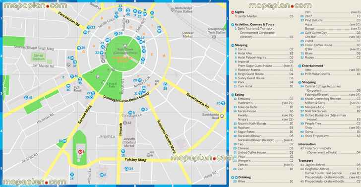 connaught place Delhi main district neighbourhood downtown shopping destinations metro station restaurants hotels list most popular shops famous department stores within walking distances Delhi Top tourist attractions map