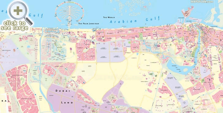 Main streets roads names airport directions Free diagram what to see where to go what to do Dubai top tourist attractions map