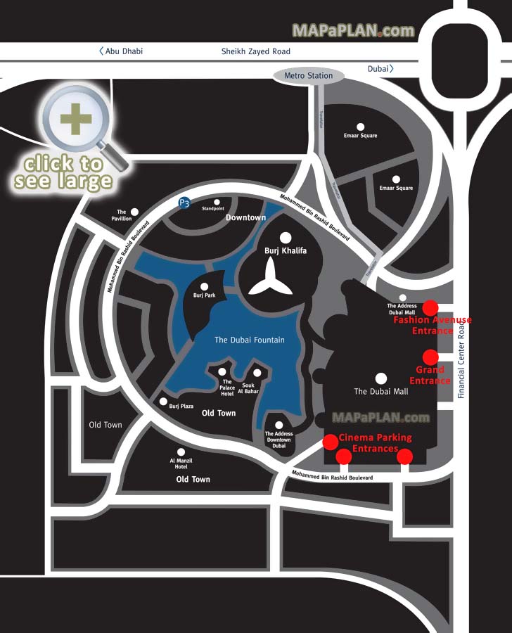 Location of Downtown Dubai Mall entrances Burj Khalifa Old Town district area Dubai top tourist attractions map