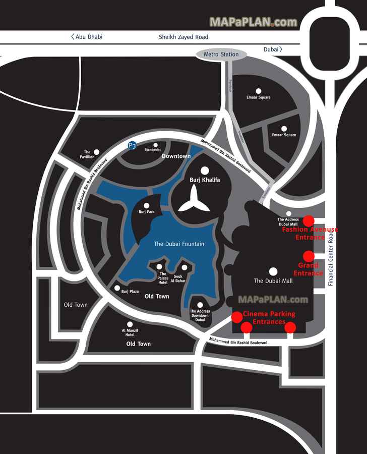 Location of Downtown Dubai Mall entrances Burj Khalifa Old Town district area Dubai top tourist attractions map