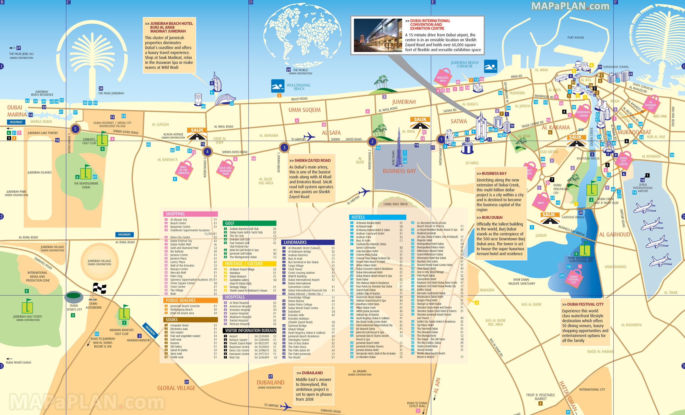 City centre detailed street travel guide must see places best hotels popular shopping malls Dubai top tourist attractions map