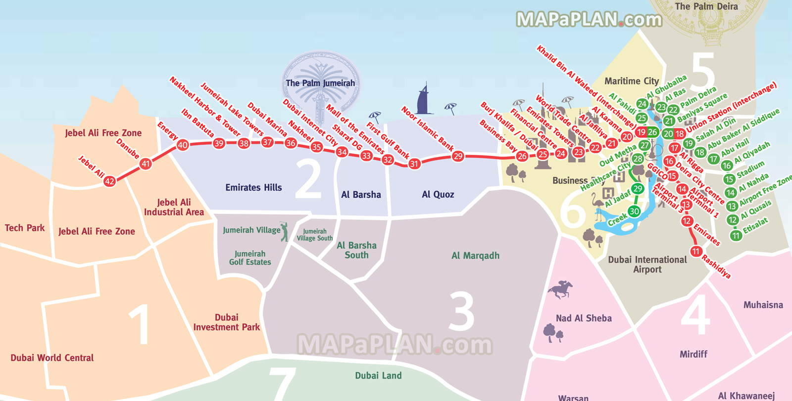 Dubai Top Tourist Attractions Map 02 Metro RTA Plan Red Green Lines Stations Zones Subway Underground Tube Major Sights To Visit High Resolution 