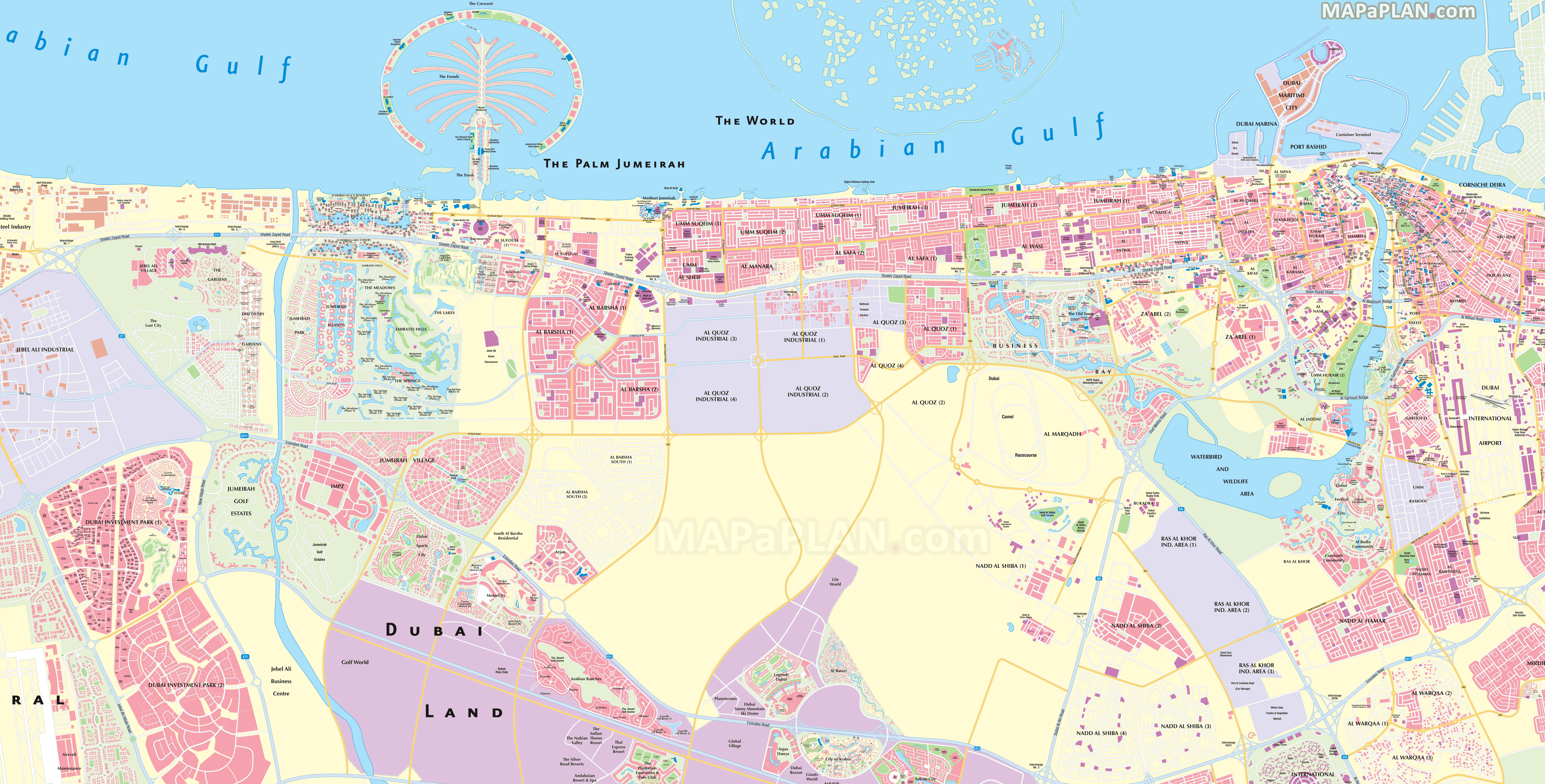 Main streets roads names airport directions Free diagram what to see where to go what to do Dubai top tourist attractions map