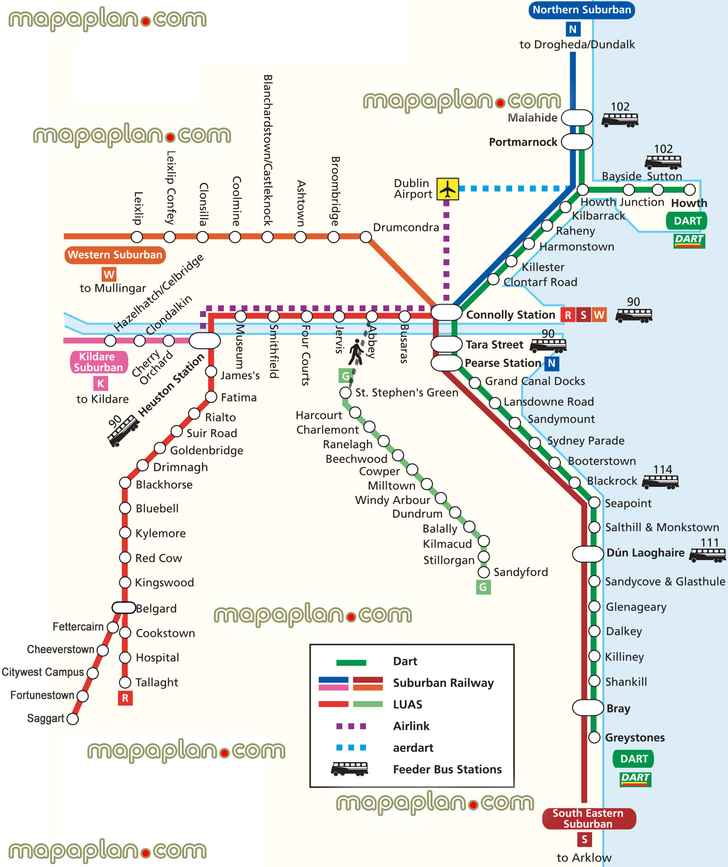 map dart luas public transportation railway stations light rail tram routes stops overground metro subway diagram suburban train lines network airport airlink aerdart feeder bus numberss Dublin Top tourist attractions map