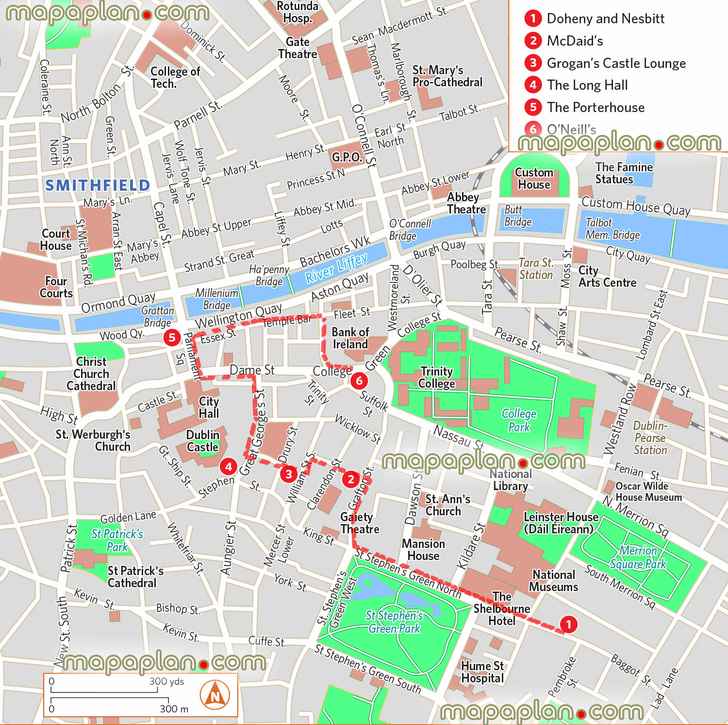 pub crawl most iconic pubs bars printable detailed travel visitors orientation navigation walking guides Dublin Top tourist attractions map