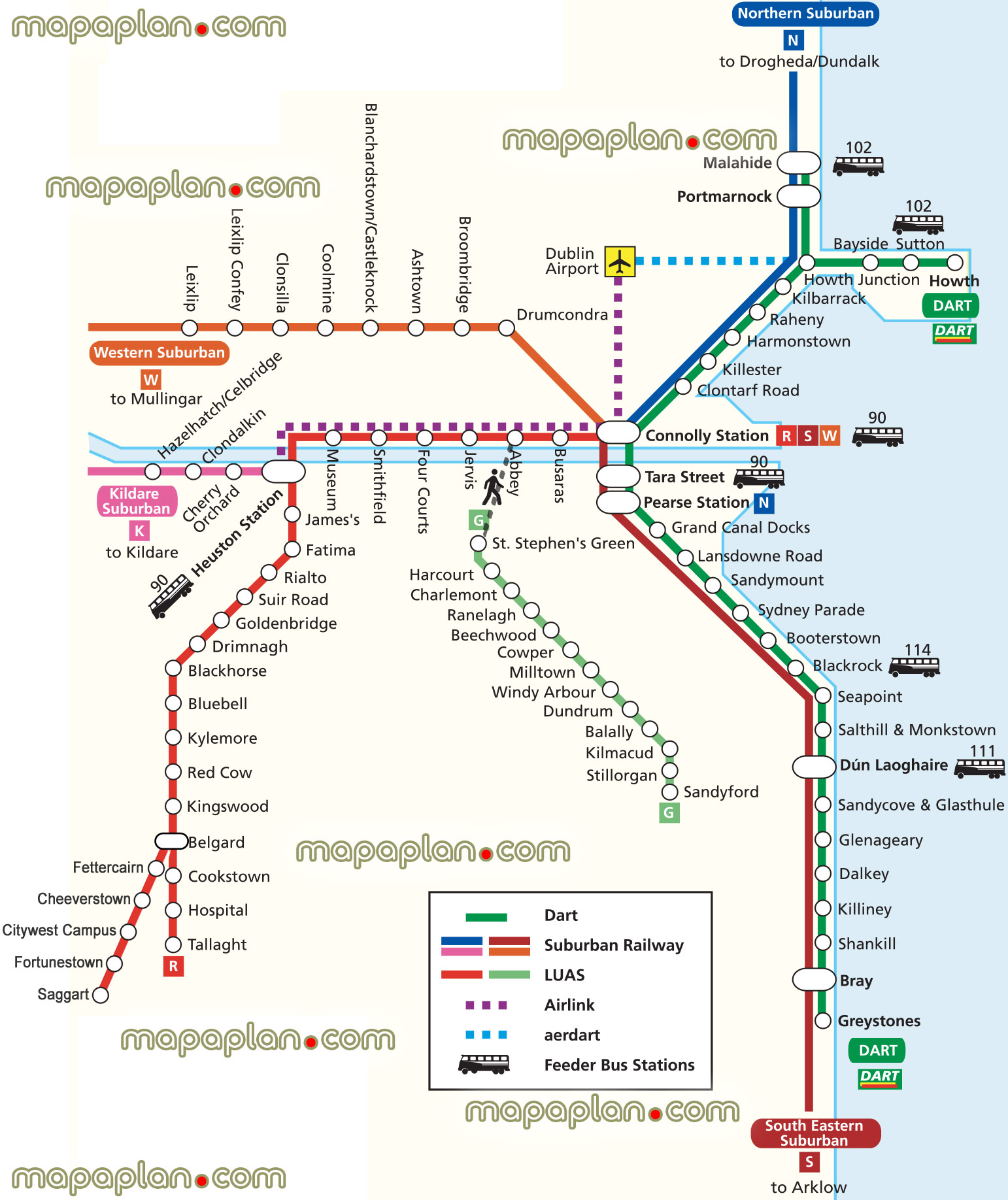 map dart luas public transportation railway stations light rail tram routes stops overground metro subway diagram suburban train lines network airport airlink aerdart feeder bus numberss Dublin Top tourist attractions map