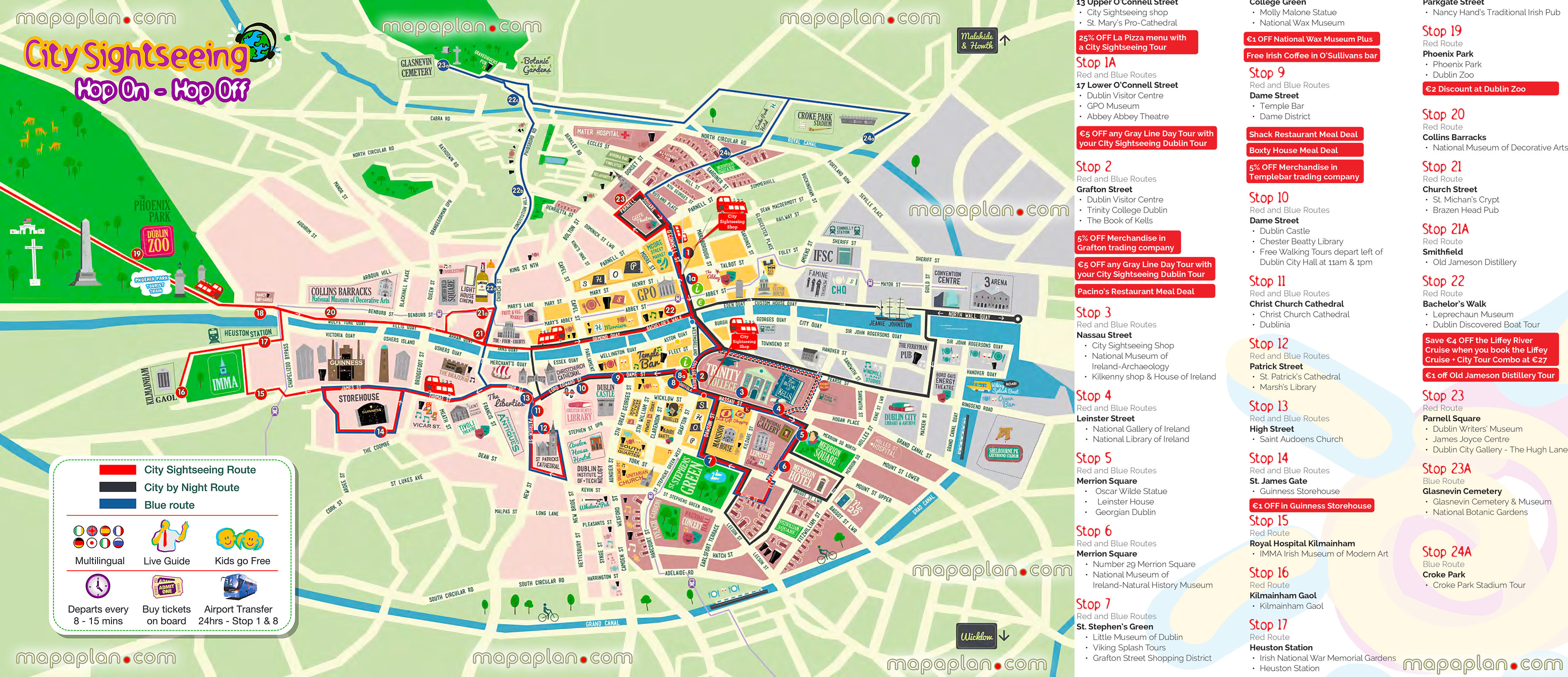 hop hop off bus Dublin city sightseeing tour double decker open top red couch visitors plan tour routes birds eye graphical overview city trip highlightss Dublin Top tourist attractions map