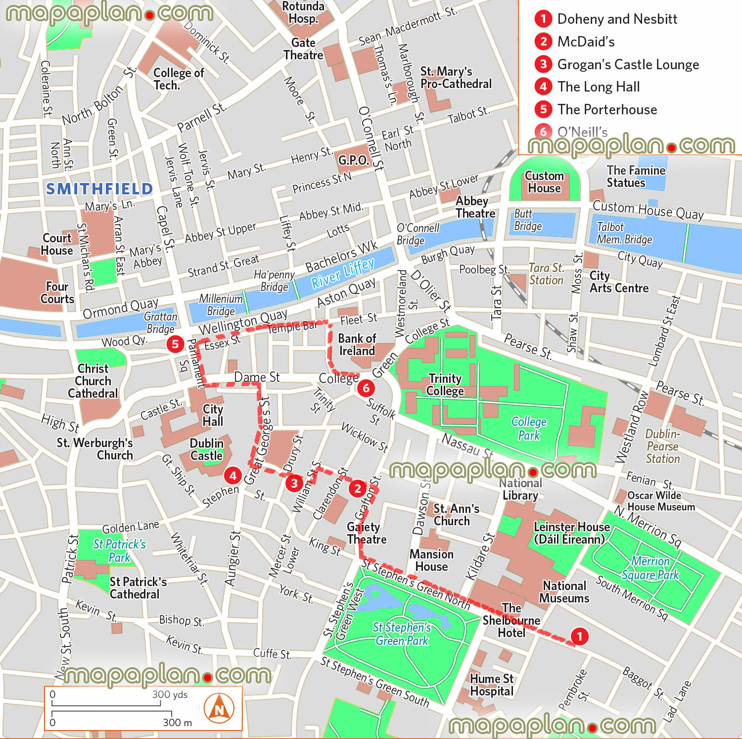 pub crawl most iconic pubs bars printable detailed travel visitors orientation navigation walking guides Dublin Top tourist attractions map