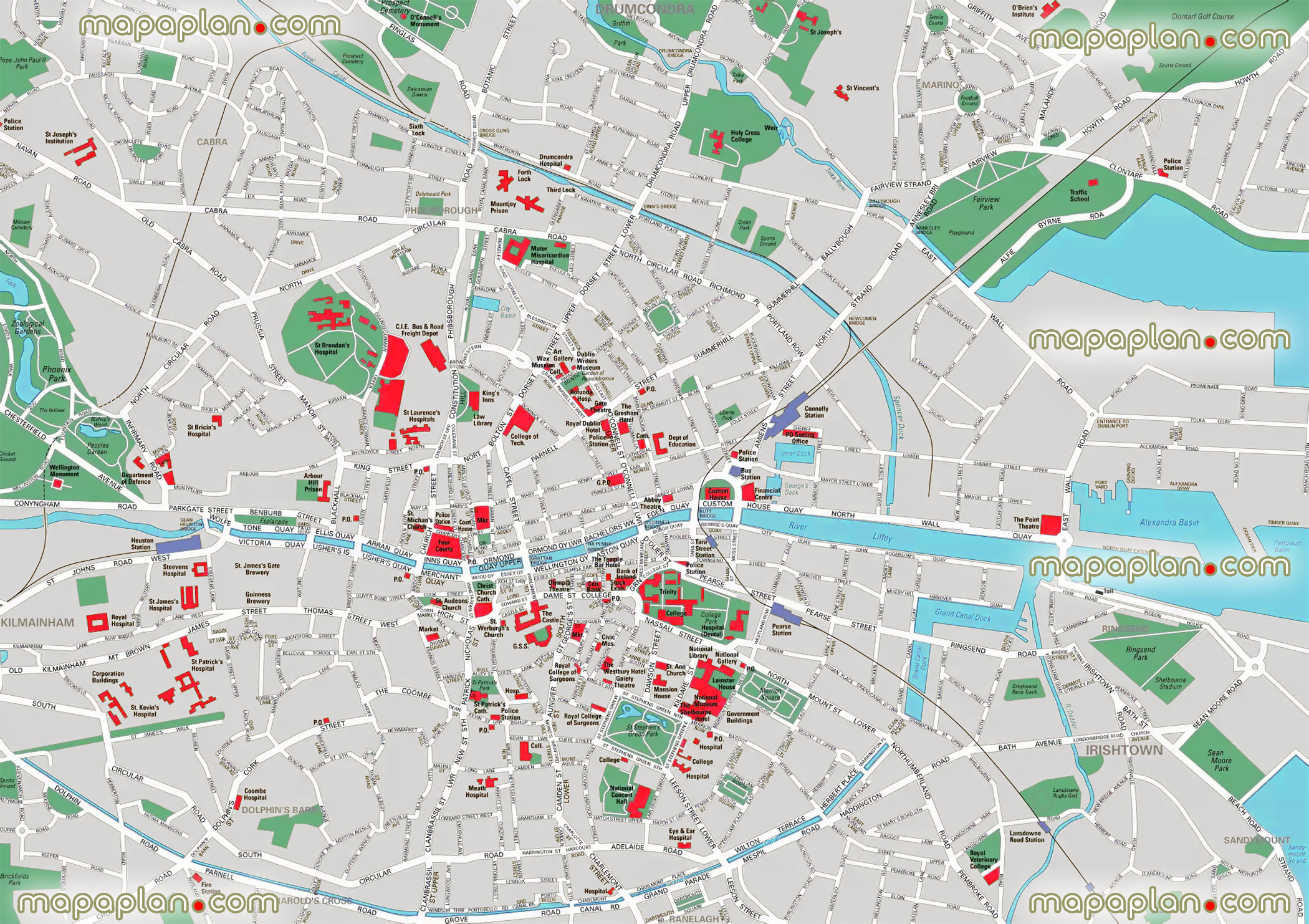 central Dublin main tourist attractions key railway stations river liffey places visit churches theatres museums st patricks cathedrals Dublin Top tourist attractions map