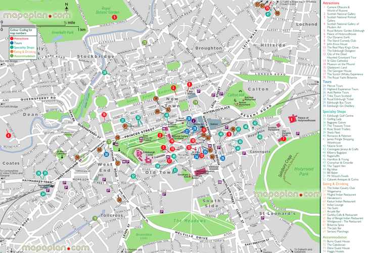 Edinburgh inner city center printable top attractions old new town district area neighbourhoods list points interest public transport waverley stations locations official tourist information centre high quality road guide street names large scale plans Edinburgh Top tourist attractions map