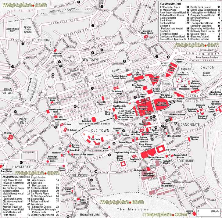 central Edinburgh hotels accommodation downtown city attractions best sights a week detailed street plans Edinburgh Top tourist attractions map