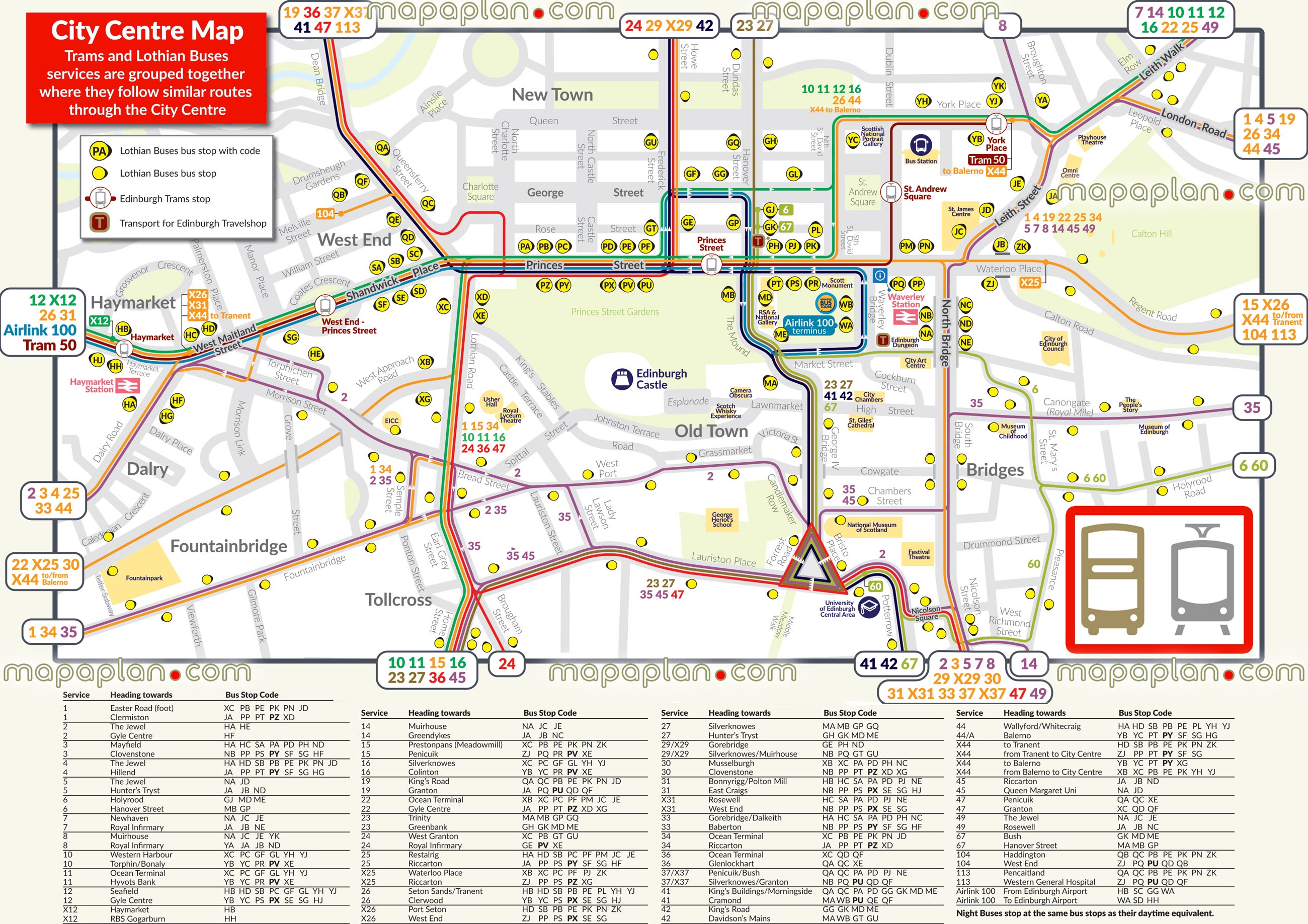 central Edinburgh bus tram download updated public transport diagram lothian buses airport airlinks Edinburgh Top tourist attractions map