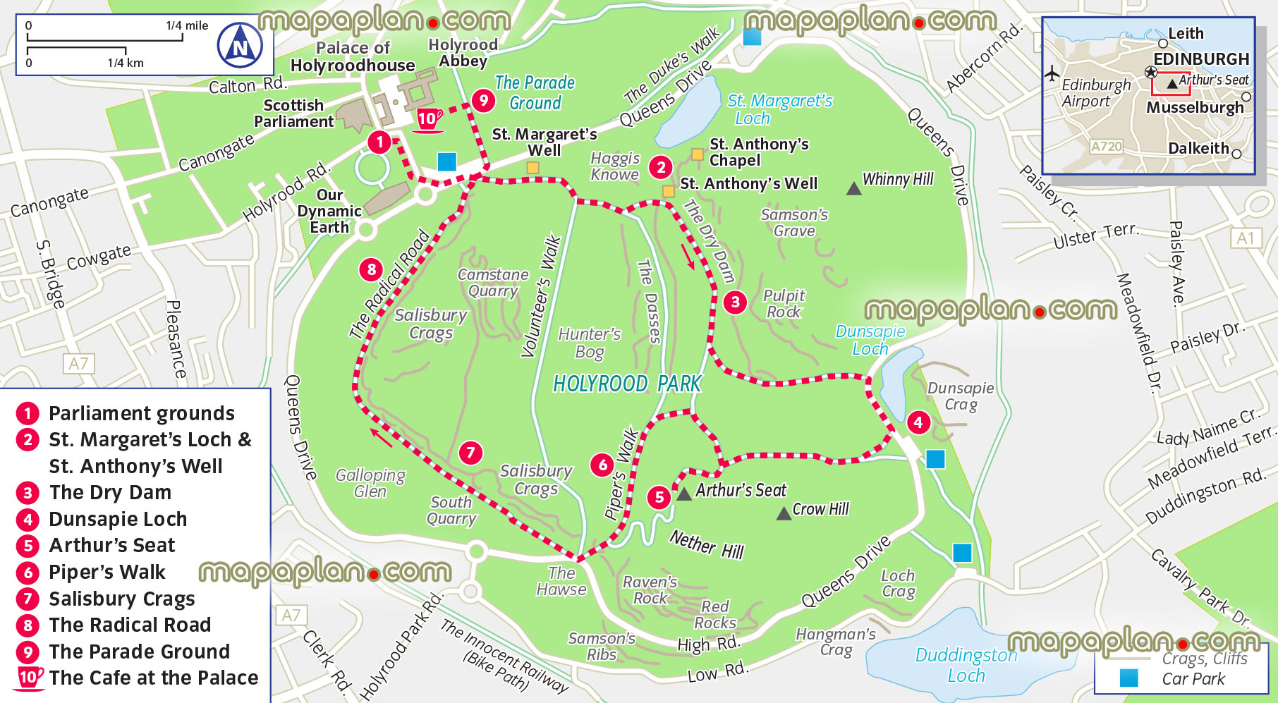 holyrood arthurs seat visitors park holyroodhouse palace main tourist attractions walking tour printable pop up key places visits Edinburgh Top tourist attractions map