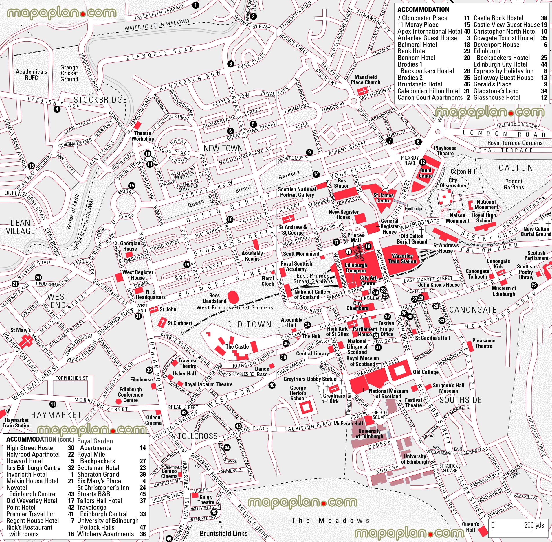 central Edinburgh hotels accommodation downtown city attractions best sights a week detailed street plans Edinburgh Top tourist attractions map