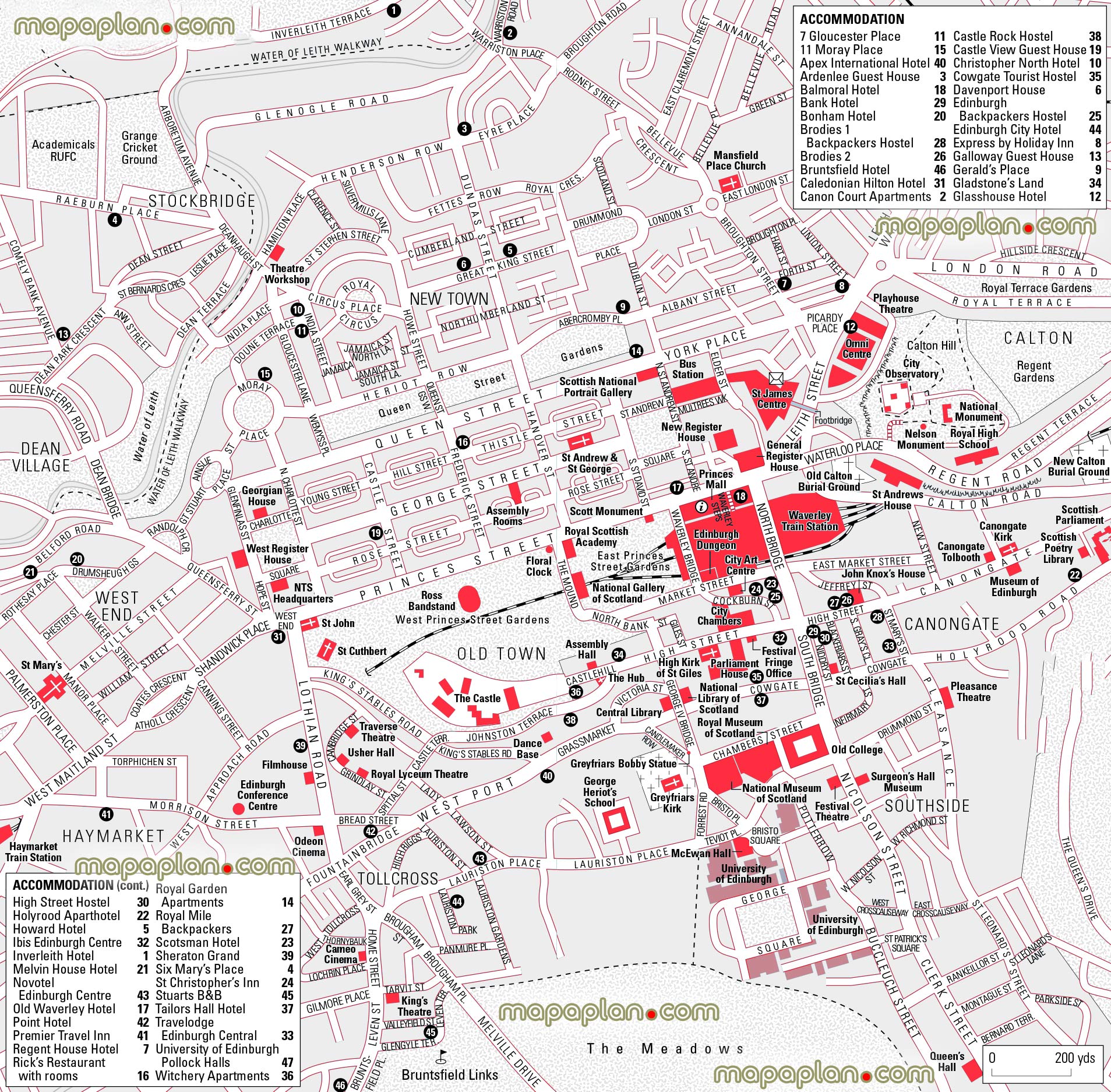 Edinburgh map - Central Edinburgh hotels and accommodation map with ...