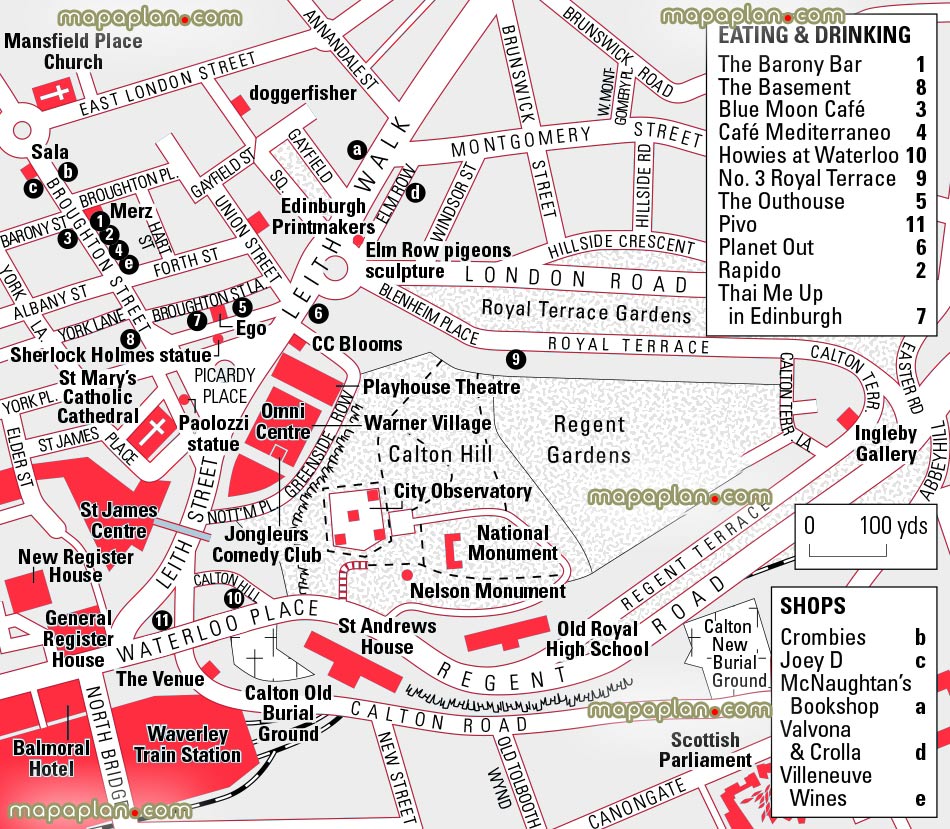 calton hill dining shopping tourist guide best sites nelson monument churches regent gardenss Edinburgh Top tourist attractions map