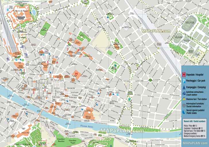 Florence Top Tourist Attractions Map 14 Tourist Information Visitor Centre Car Parks Hospitals Public Toilets Coach Station Smn 