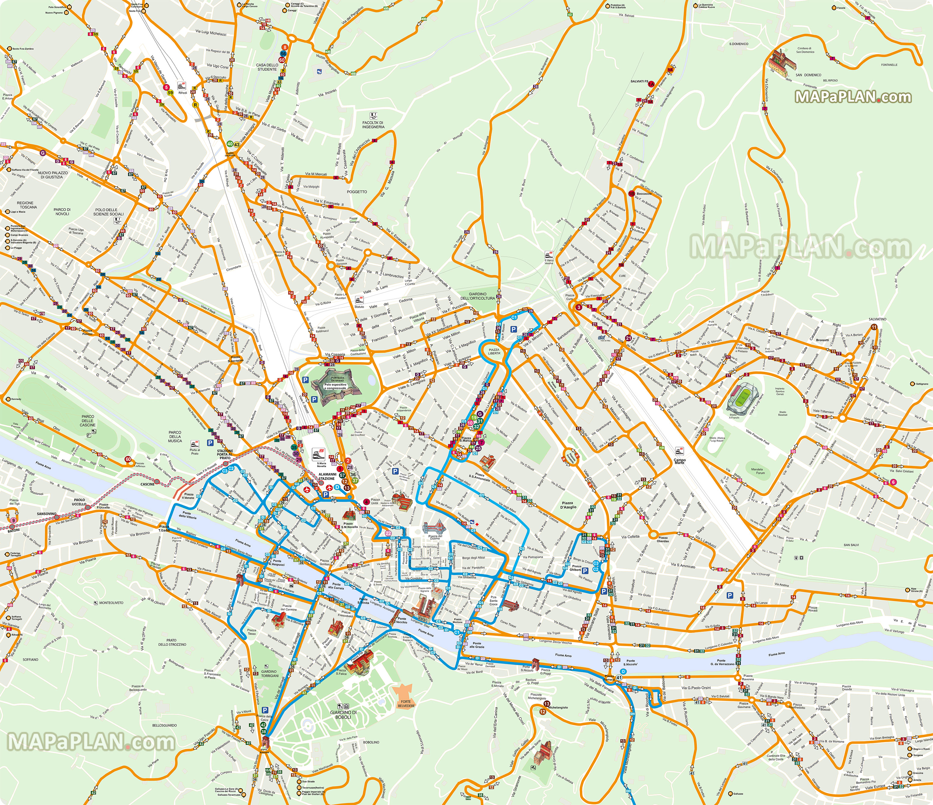 official public transport map ataf li nea network buses azienda trasporti pubblici area fiorentina Florence top tourist attractions map