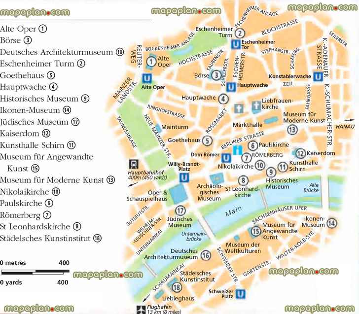 Frankfurt old city centre top attractions romerberg alte oper historic centre printable sightseeing list points interest old town district area neighbourhood high quality road guide street names large scale plan itinerary planner navigation best sights travel sites landmarks art galleriess Frankfurt Top tourist attractions map