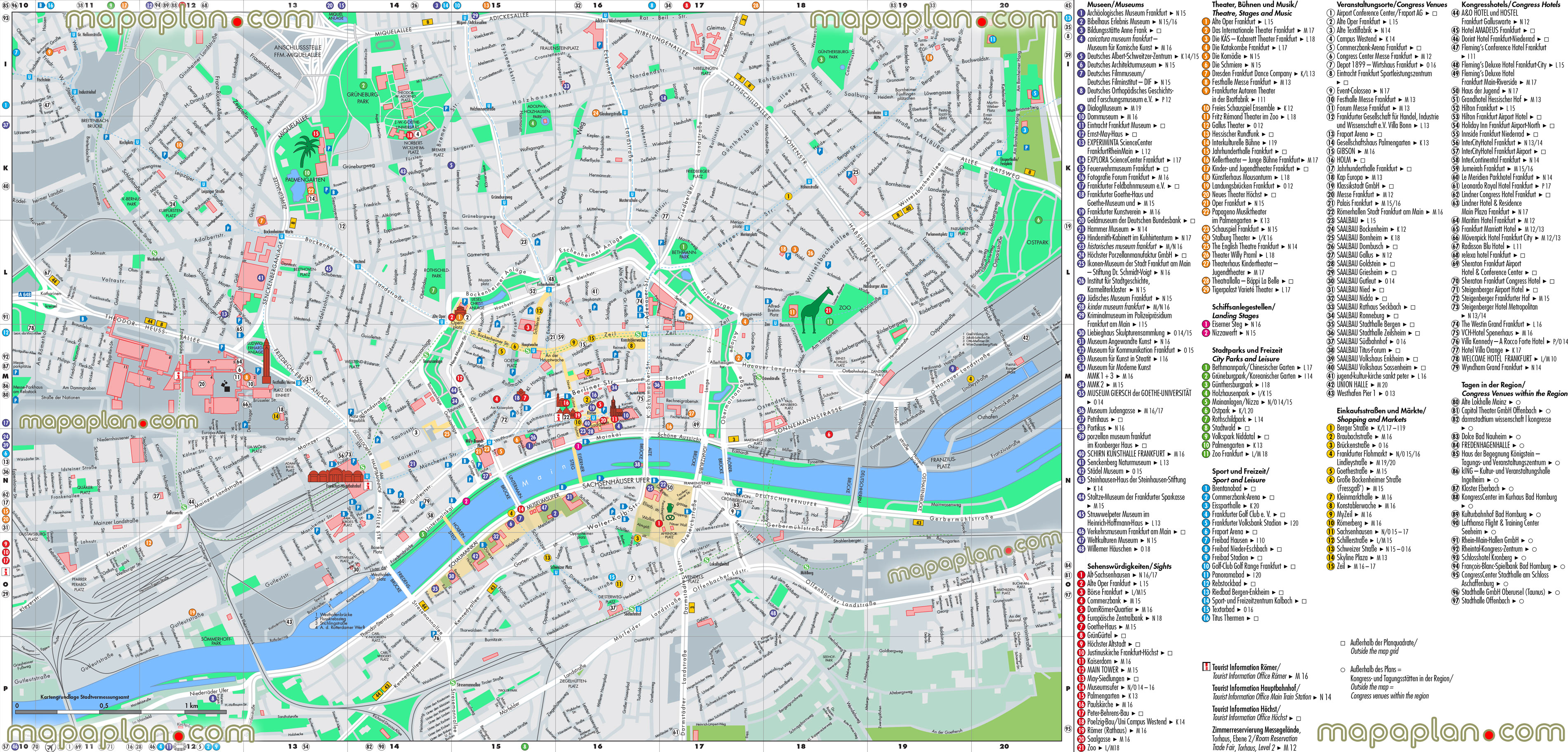 central Frankfurt offline popout english guide detailed downloadable tourist information museums sights theatres romer hauptbahnhof metro stations shopping inner city centre top attractions best historical buildings what see where go directions interesting things dos Frankfurt Top tourist attractions map