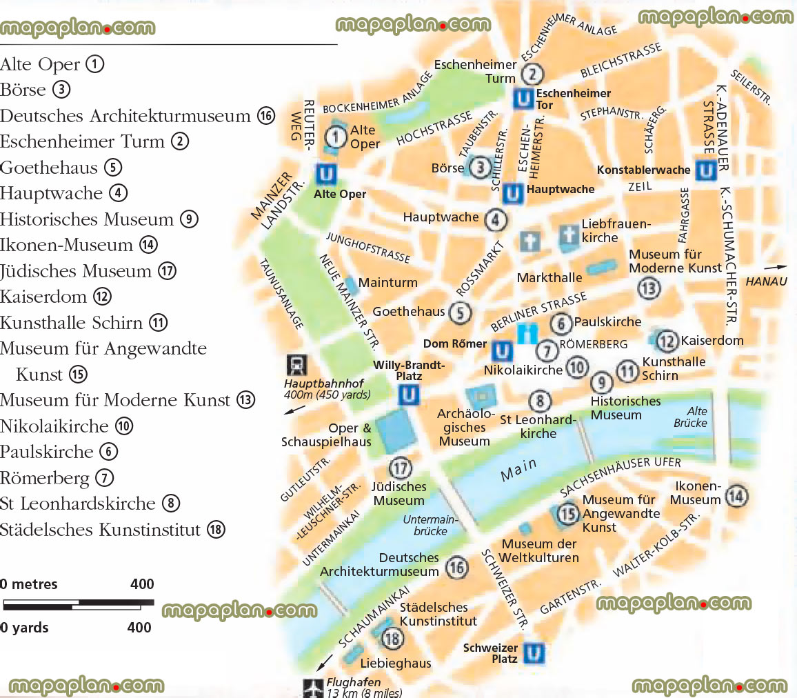 frankfurt old city centre top attractions romerberg alte oper historic centre printable sightseeing list points interest old town district area neighbourhood high quality road guide street names large scale plan itinerary planner navigation best sights travel sites landmarks art galleriess Frankfurt Top tourist attractions map