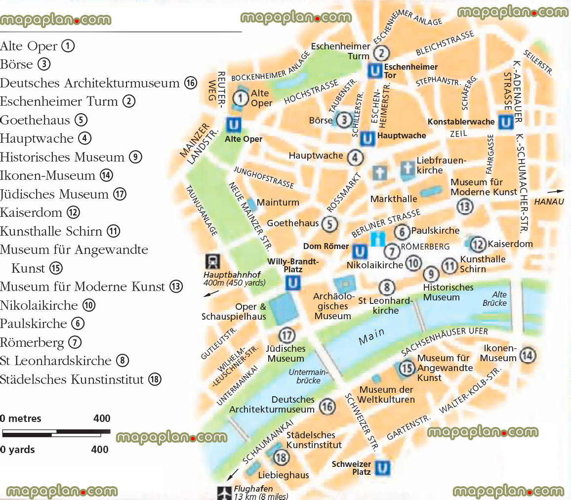 Frankfurt old city centre top attractions romerberg alte oper historic centre printable sightseeing list points interest old town district area neighbourhood high quality road guide street names large scale plan itinerary planner navigation best sights travel sites landmarks art galleriess Frankfurt Top tourist attractions map