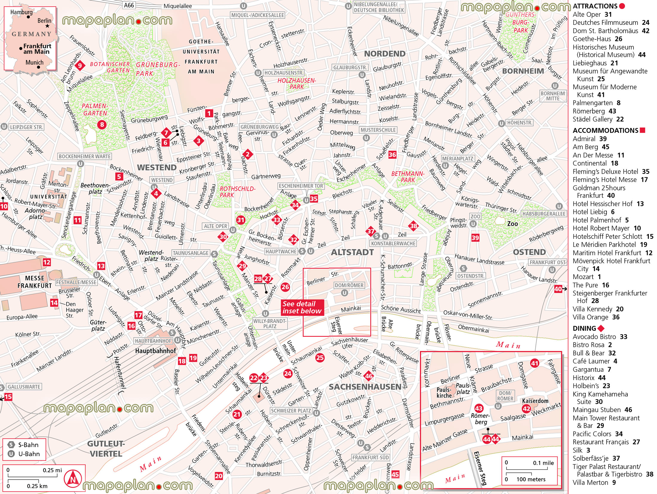 Frankfurt am main germany europe visitors detailed virtual printable guide download city street plan s bahn u bahn metro subway stations walking tour guide itinerary planner favourite attractions points interest visit touristss Frankfurt Top tourist attractions map