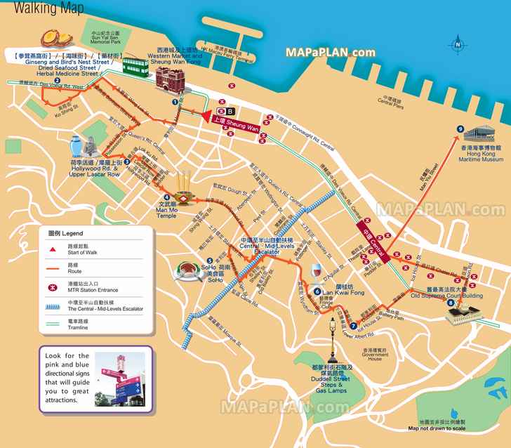 central western district detailed street names plan walking trail route itinerary planner escalator Hong Kong top tourist attractions map