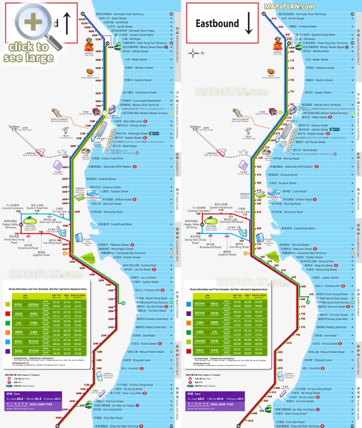 eastbound westbound tramway transit system double decker tram routes tourist information Hong Kong top tourist attractions map