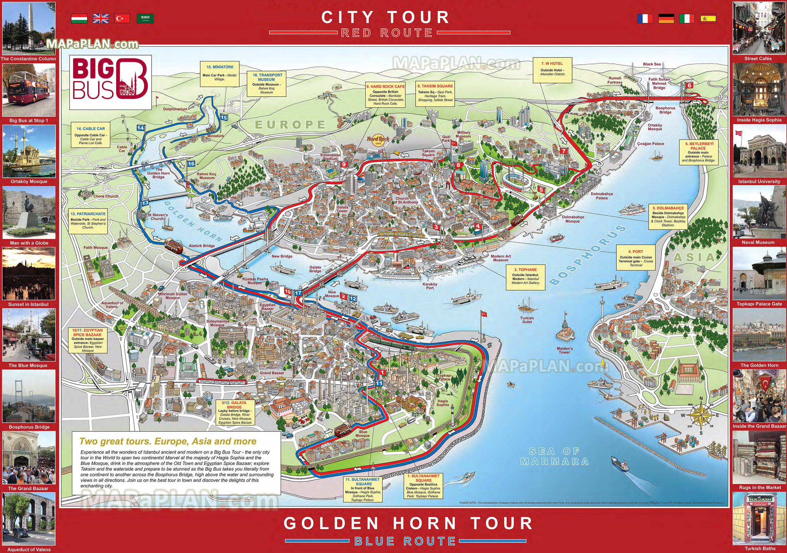 big bus city sightseeing hop on hop off double decker open top coach tour stops bosphorus taksim sqaure fatih Istanbul top tourist attractions map
