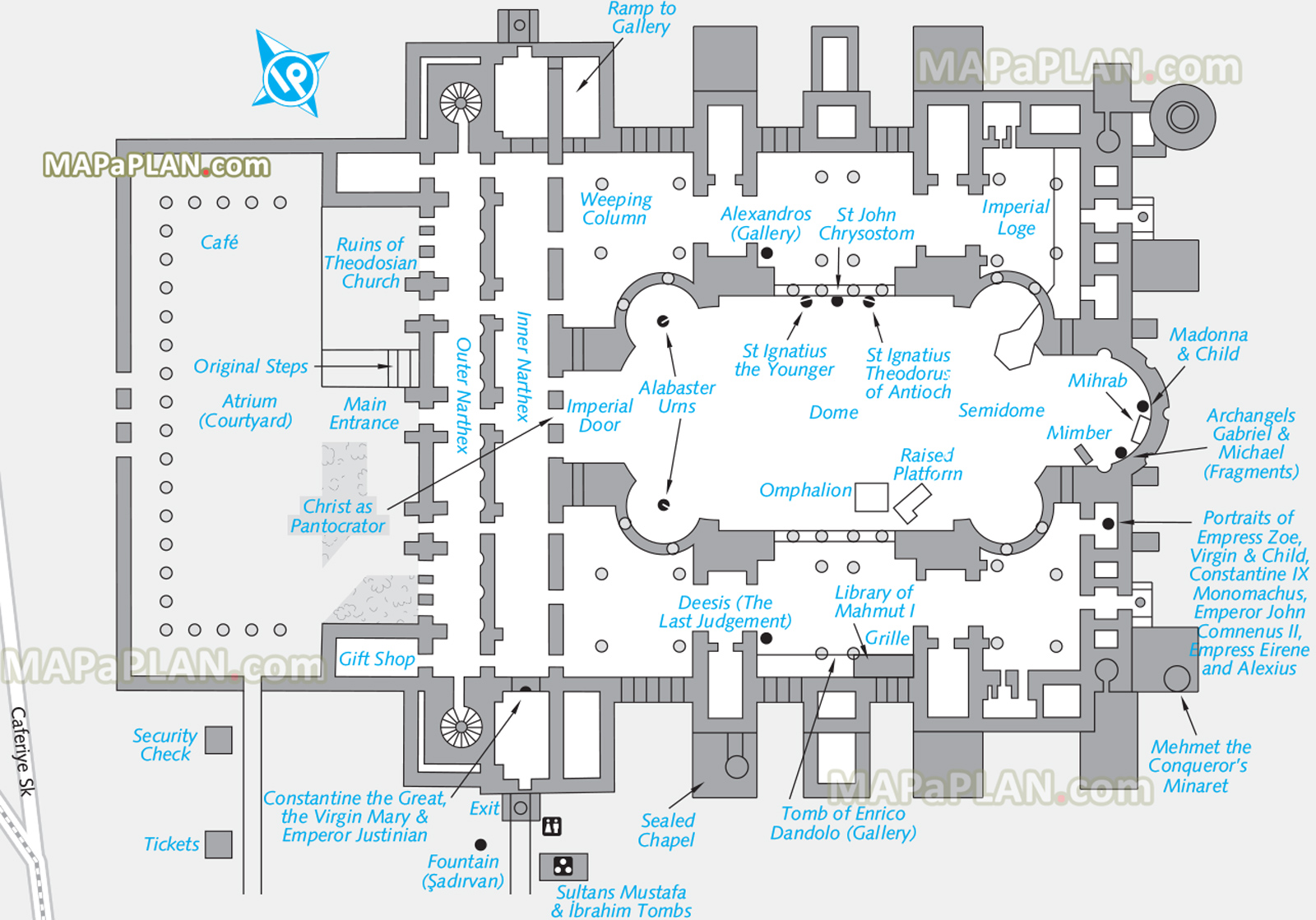 aya sofia museum church mosque monuments visitor guide floor plan simple outline diagram Istanbul top tourist attractions map