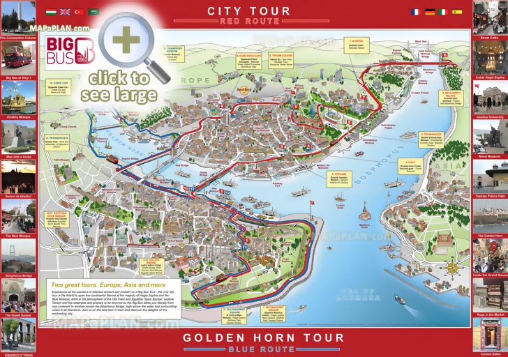 big bus city sightseeing hop on hop off double decker open top coach tour stops bosphorus taksim sqaure fatih Istanbul top tourist attractions map