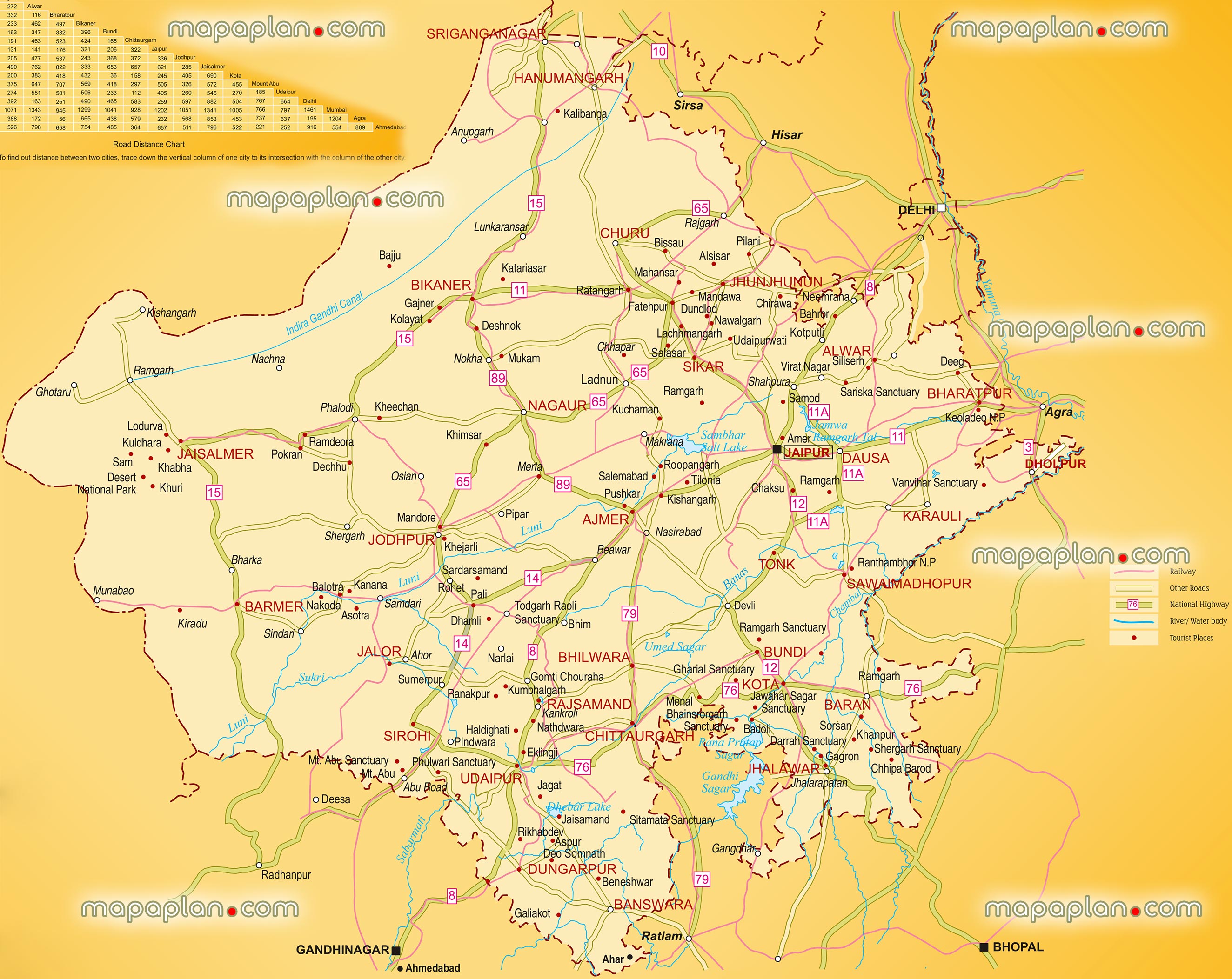 tourist map of rajasthan with distance