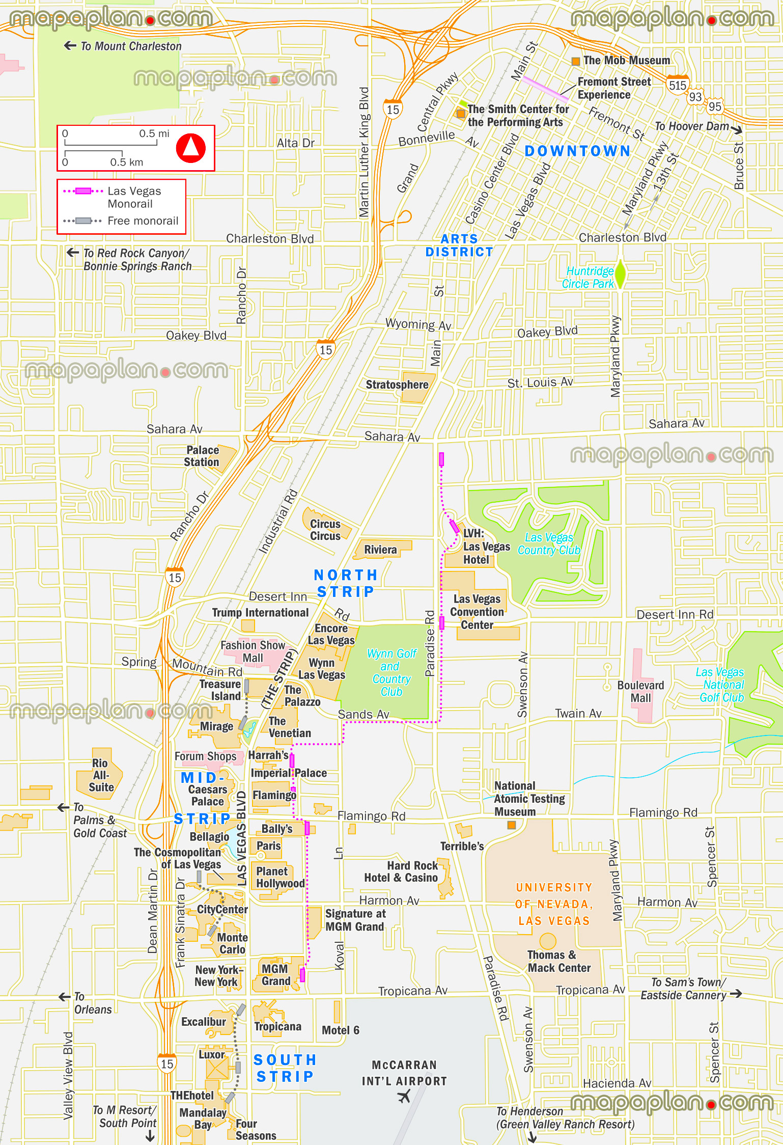 Las Vegas map - Free tram light rail & monorail map showing Mandalay ...