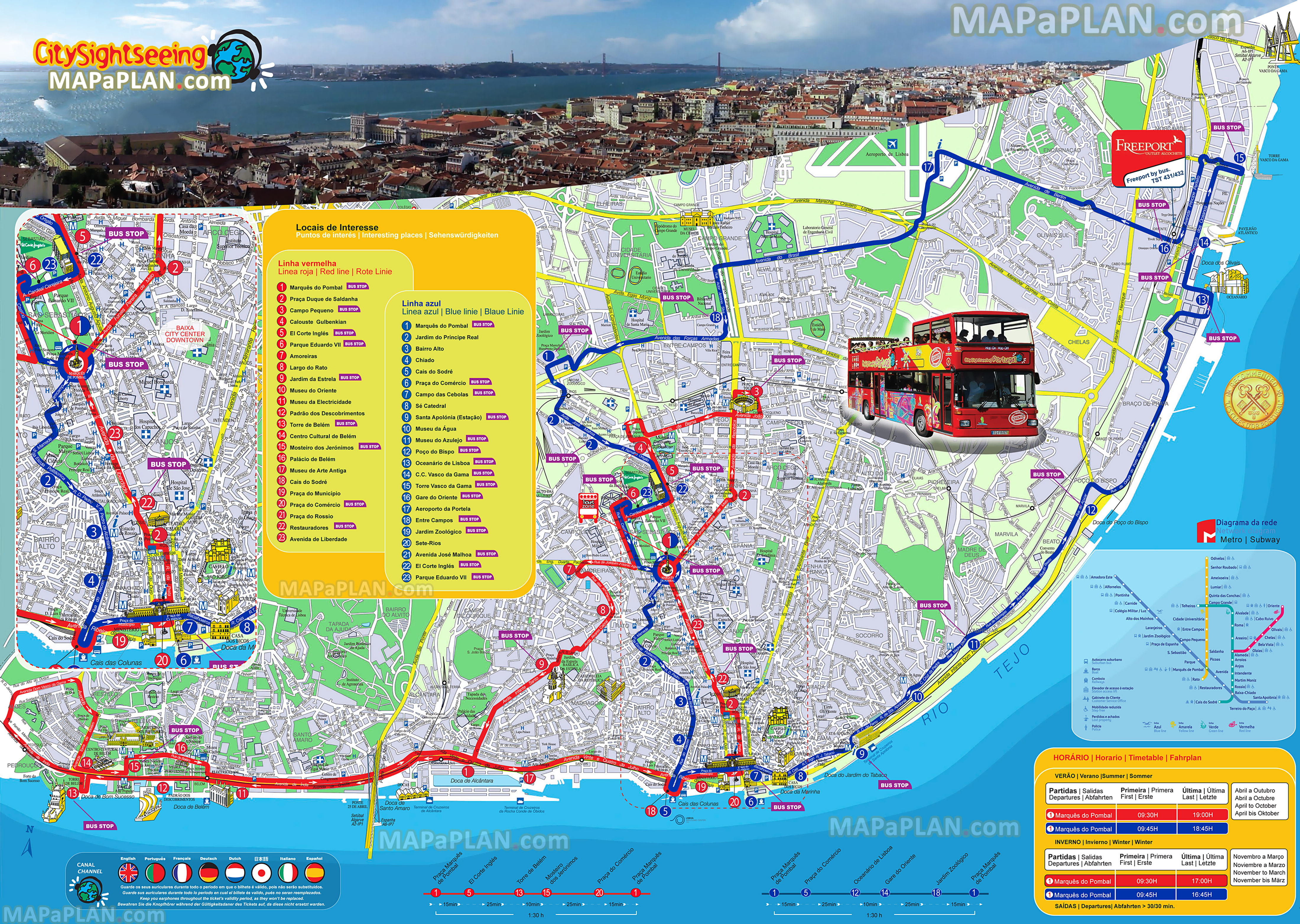 city sightseeting hop on off double decker open top red bus tour park nation tagus river oceanarium Lisbon top tourist attractions map