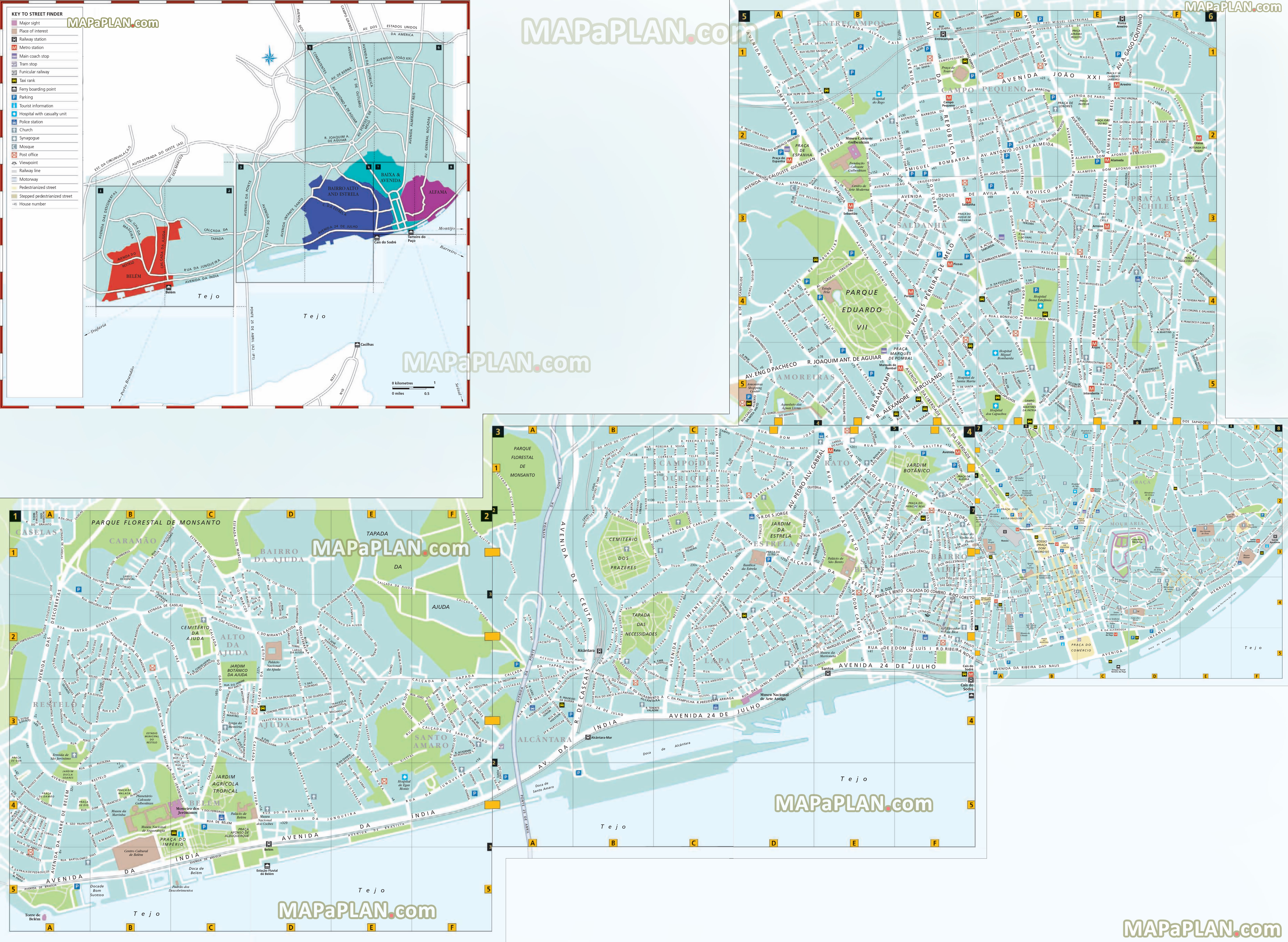 detailed road street names points interest main areas neighborhoods districts belem tower bairro alto botanical garden parking Lisbon top tourist attractions map