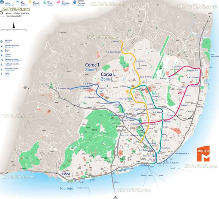 metro subway underground tube transit lines red blue green yellow railway train rail stations oriente entrecampos santa apalonia portela airport terminal Lisbon top tourist attractions map