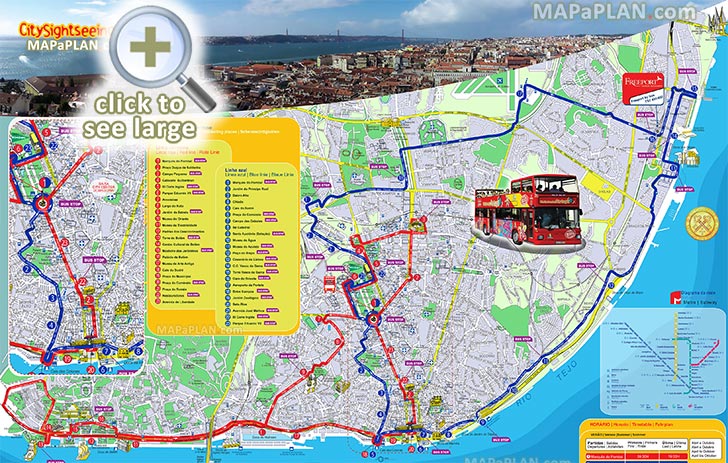 city sightseeting hop on off double decker open top red bus tour park nation tagus river oceanarium Lisbon top tourist attractions map