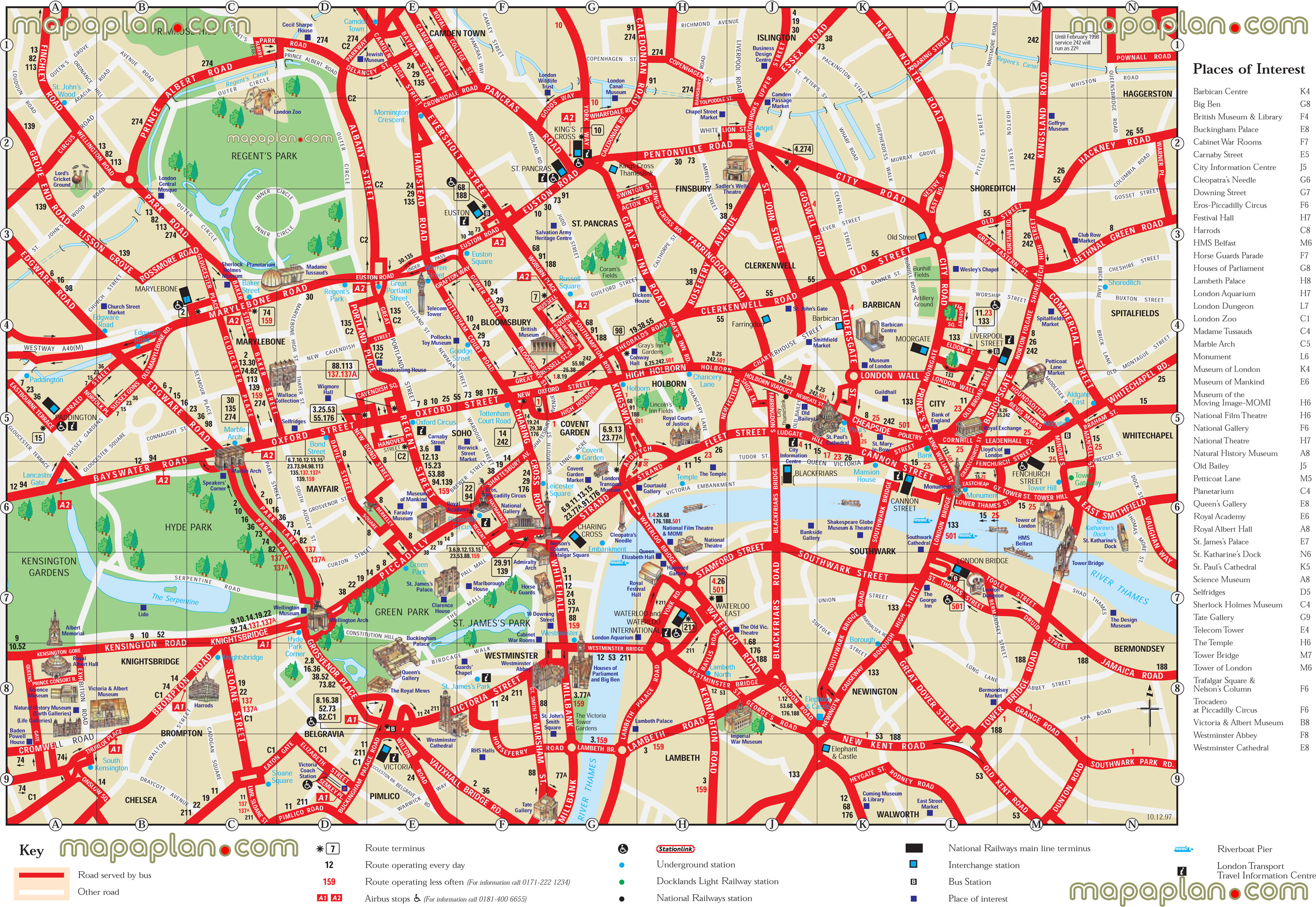 interactive printable detailed travel visitors guide inner London places interest along street names bus numbers must see destinationss London Top tourist attractions map