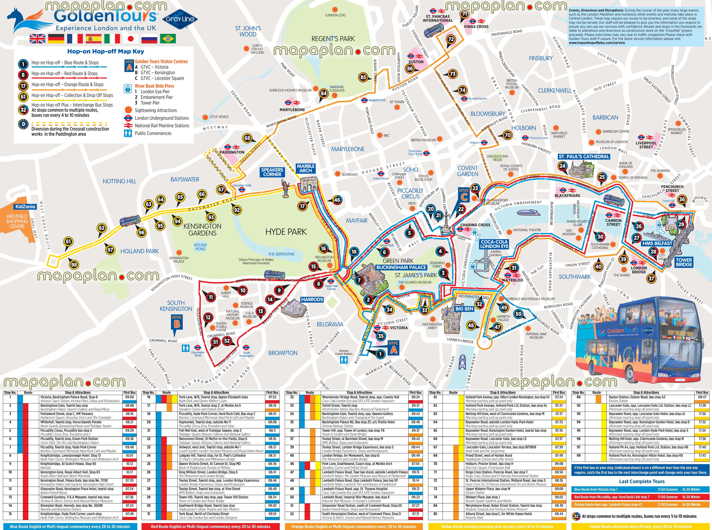 golden tours hop hop off bus stops maps London Top tourist attractions map