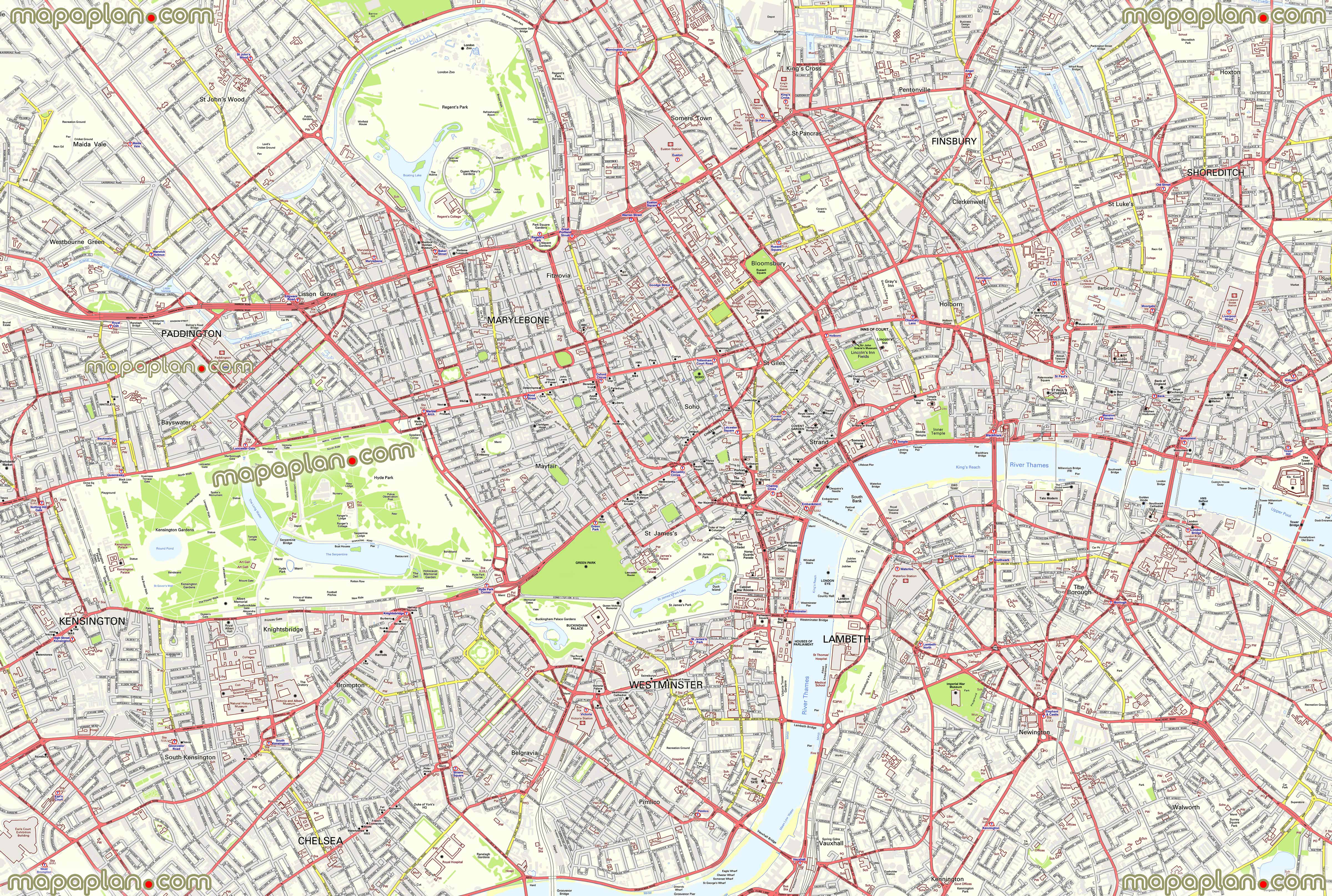 free detailed central London streets roads urban parks attractionss London Top tourist attractions map
