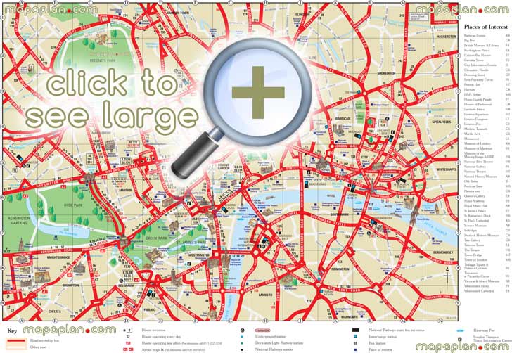 interactive printable detailed travel visitors guide inner london places interest along street names bus numbers must see destinationss London Top tourist attractions map