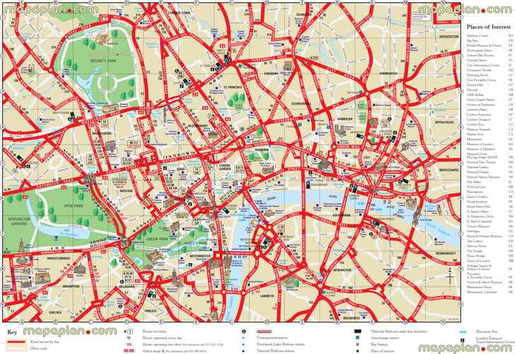 interactive printable detailed travel visitors guide inner London places interest along street names bus numbers must see destinationss London Top tourist attractions map
