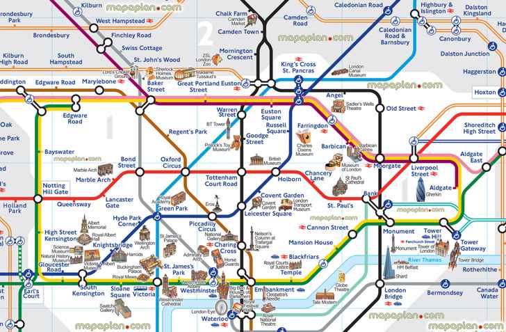 London tube attractions underground stations plan main points interest metro zones landmarks museumss London Top tourist attractions map